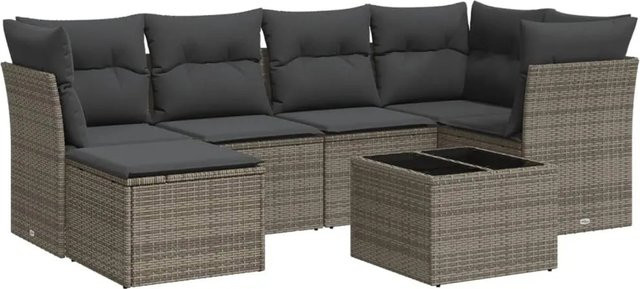 vidaXL 7-tlg Garten-Sofagarnitur in L-Form aus Polyrattan mit Kissen in Grau - Bild 1
