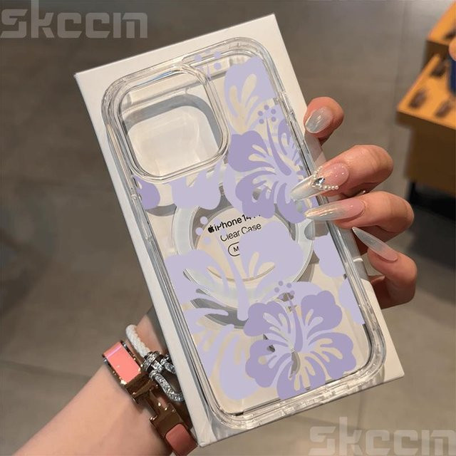 Hibiskus Floral Handyhülle für Samsung Galaxy S25 Ultra S24 FE S23 S22 S21 S20 Plus A55 A56 mit MagSafe Magnetischer Kabelloser Ladefunktion in Transparent - Bild 1