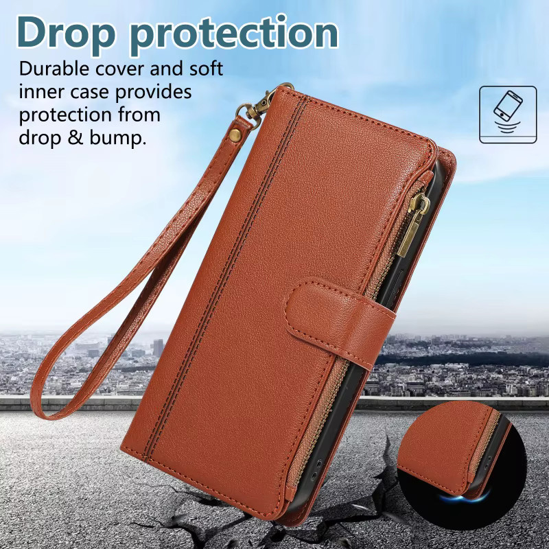 Leder Handyhülle mit Reißverschluss und Lanyard als Flip Wallet für iPhone, verfügbar in Schwarz und Braun - Bild 4