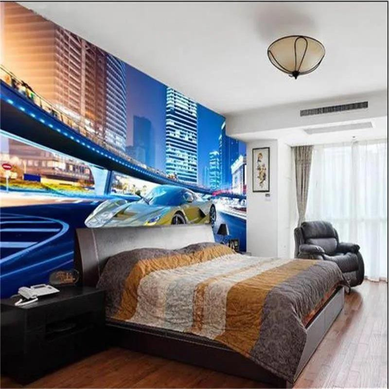 KOMNNI 3D Wandbild Stadt Nachtlandschaft mit gelbem Auto, moderne Tapete aus Seidenmaterial, B: 200 cm, H: 140 cm - Bild 4