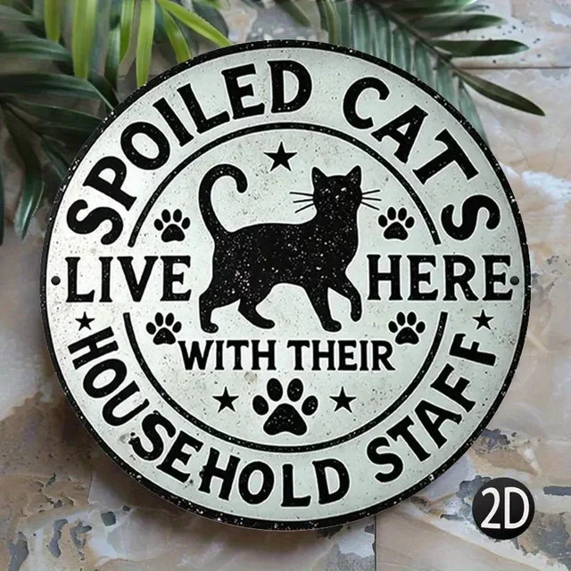DDPNKL Vintage-Eisenschild Wanddekoration mit schwarzer Katzensilhouette und Aufschrift Spoiled Cats Live Here, rund, Metall, Durchmesser: 30 cm, Höhe: 30 cm, Breite: 30 cm - Bild 1