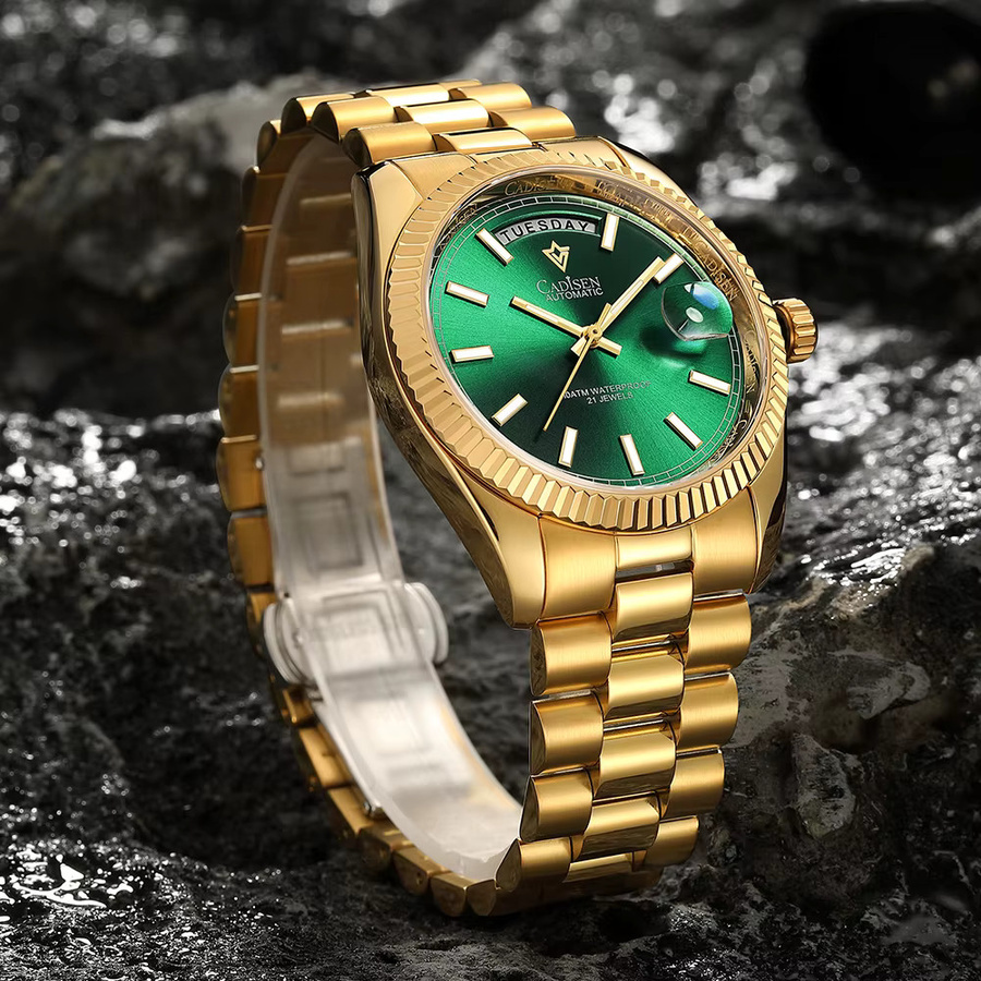 CADISEN Armbanduhr Automatik, Edelstahl, Gold, Grün, Saphirglas, Herren - Bild 2