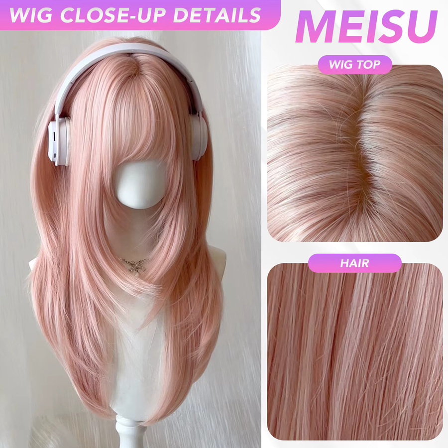 MEISU Perücke, synthetisch, gerade, Air Bangs, Rosa, Damen - Bild 3