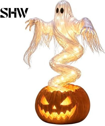 Shenhuangwang Beleuchtete Halloween Terrassenornamente mit wirbelndem Kürbis und Geistern, Gruselige Herbstdeko-Statue aus Resin in Weiß mit warmer LED-Außenbeleuchtung - Bild 1