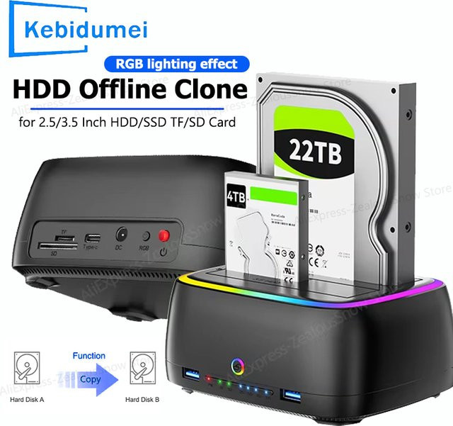 Kebidu Dual-Bay Festplattenstation mit Offline-Klondaten-Funktion, USB 3.0 5 Gbit/s RGB-Adapter für 2,5 und 3,5 Zoll HDD/SSD sowie TF/SD-Karte, Schwarz/Multicolor - Bild 1