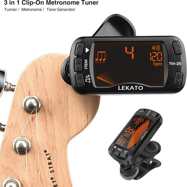 Lekato 3-in-1 Gitarren-Stimmgerät mit Metronom und Clip-On Funktion, Schwarz - Bild 1