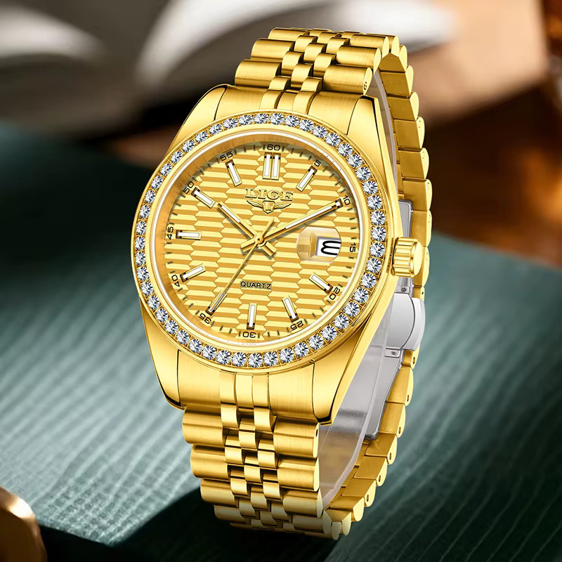 LIGE Armbanduhr, Quarz, Gold, Diamantbesetzt, Edelstahl, Herren - Bild 3