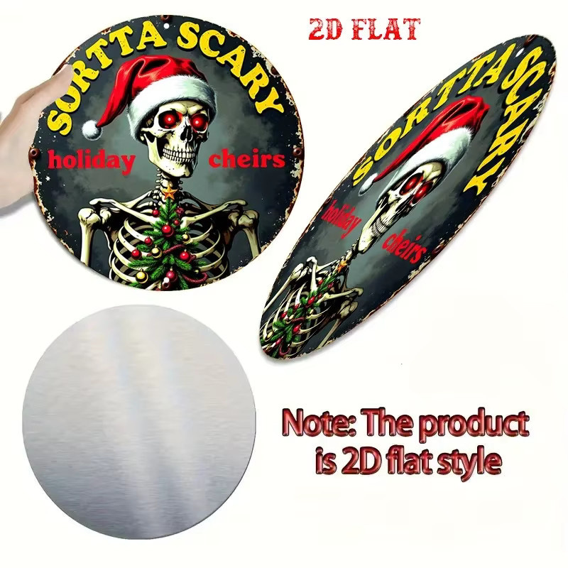 Potdemiel Metall-Wanddekoration Horror-Weihnachtsmann-Skelett in Rot, Retro-Gothic Wandschild für Halloween und Weihnachten - Bild 5