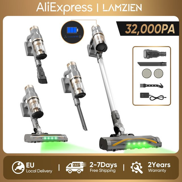 Lamzien V12PRO Akku-Staubsauger Grau mit 32000PA Saugkraft, HEPA-Filtration, LED-Scheinwerfer und Anti-Tangle-Bürste für Tierhaare und Hartböden - Bild 1