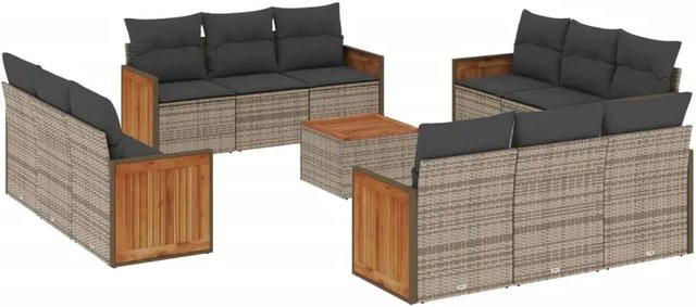 vidaXL 13-teilige Garten-Sofagarnitur aus Polyrattan in Grau mit Kissen und Tisch - Bild 1