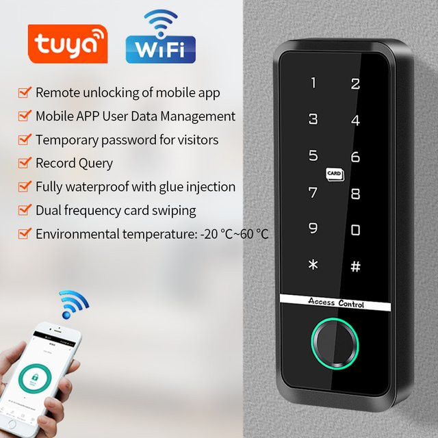 Tuya Smart Türschloss mit Fingerabdruck, RFID und Tastatur, Biometrisches Zugangskontrollsystem für Home Security, Schwarz - Bild 1