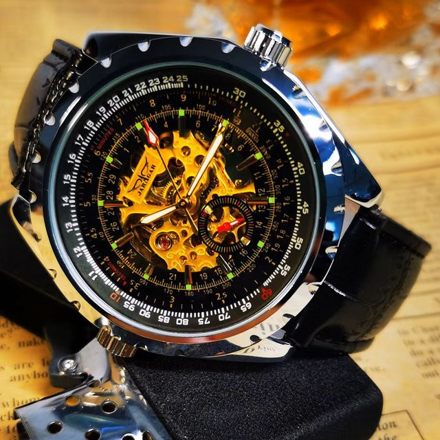 JARAGAR Armbanduhr Automatik, Skelett, Edelstahl, Leder, Herren - Bild 1
