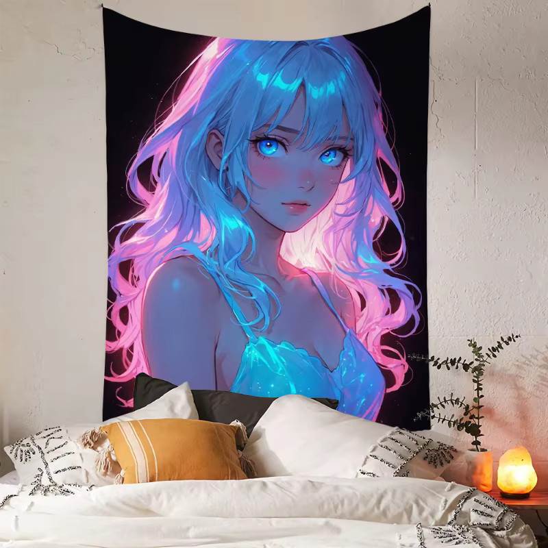 VIKAMA Kawaii Regenbogen Anime Mädchen Wandteppich in Multicolour, Ästhetische Neon Wanddekoration für Schlafzimmer und Wohnheim, B/H: 60 x 40 cm - Bild 1