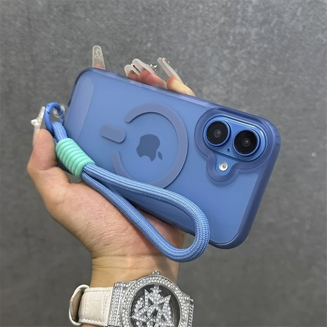 Transparente MagSafe Handyhülle mit Handschlaufe und Lanyard für Apple iPhone, Matt und Magnetisch, Blau oder Lila - Bild 1