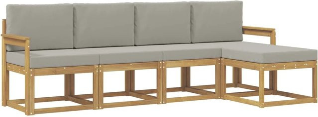 vidaXL Outdoor-Sofagarnitur in L-Form aus Akazienholz, 5-teiliges Set in Weiß, Grau und Braun mit Sitzkissen und Rückenkissen - Bild 1