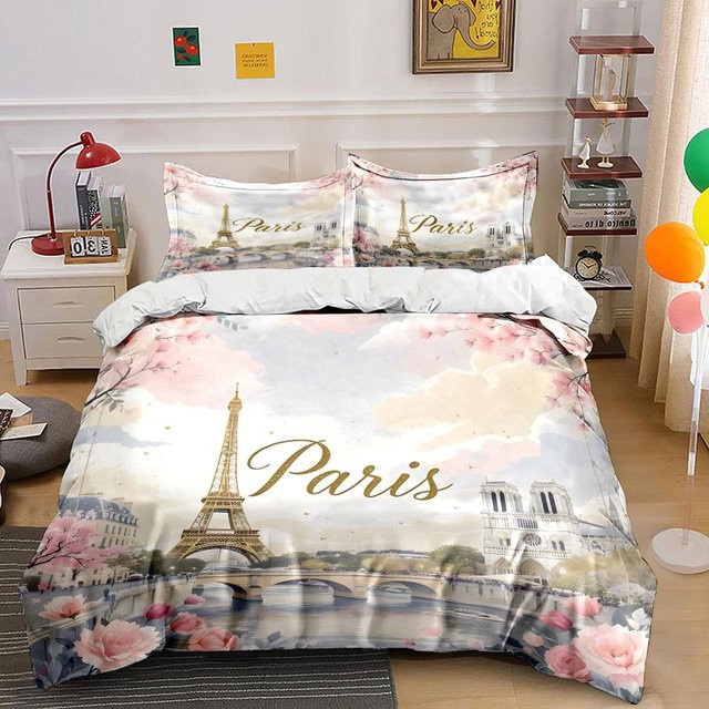 Bettwäsche-Set mit Eiffelturm Motiv in Paris Design, weiches Polyester-Bettbezug-Set mit Kissenbezug, Mehrfarbig, Breite: 135 cm, Länge: 200 cm - Bild 1