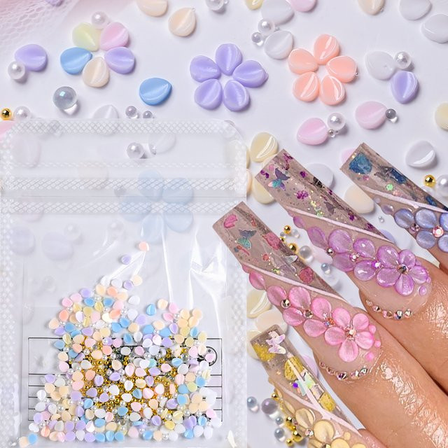 MAFANAILS 3D-Macaron-Blütenblätter Nagelkunst-Dekoration, Weiß, Gold, 150 Stück - Bild 1