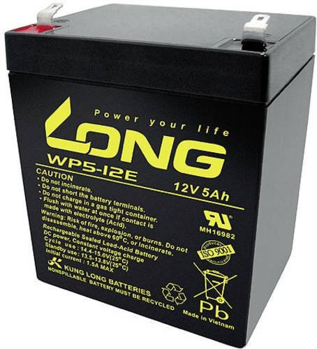 Long WP5-12E Bleiakku 12V 5Ah Blei-Vlies AGM Schwarz mit Flachstecker 6.35mm B/H/T: 90 x 107 x 70 mm - Bild 1
