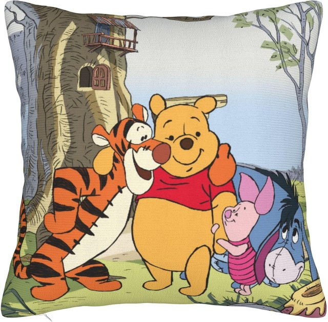 Winnie Puuh Cartoon Quadratische Kissenhülle mit Ferkel, Tigger und I-Aah in Grau, B/B/B: 30 x 30 x 30 cm - Bild 1