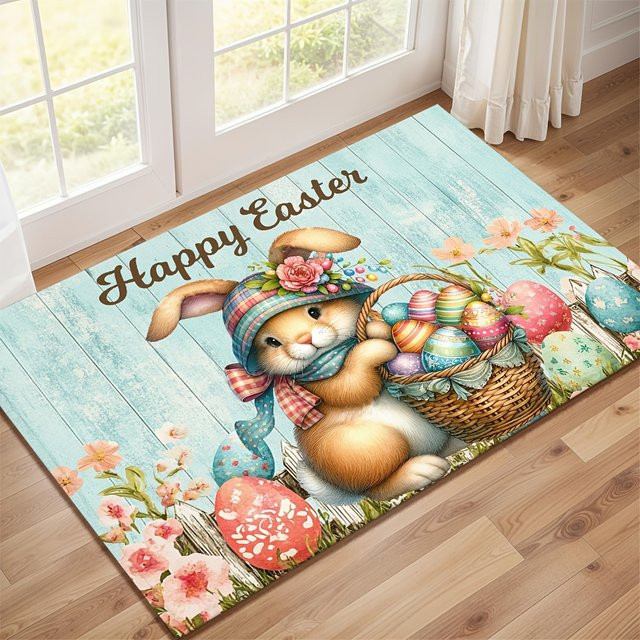 VIKAMA Osterhase Fußmatte mit Ei Motiv, rutschfeste und waschbare Bodenmatte für Eingang, Wohnzimmer oder Schlafzimmer, B/T: 60 x 40 cm, Mehrfarbig - Bild 1