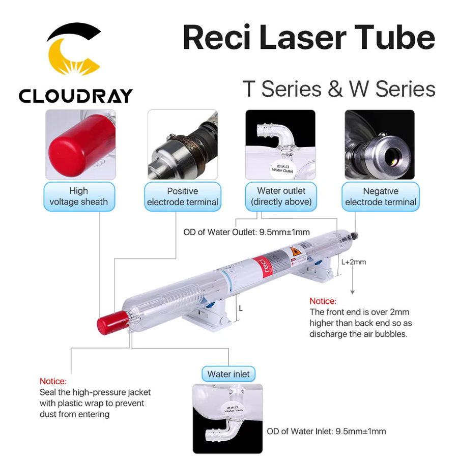 Cloudray CO2-Laserröhre für Lasergravur- und Schneidemaschinen Reci W2/T2 mit 90W-100W Leistung und 80 mm bzw. 65 mm Durchmesser - Bild 2