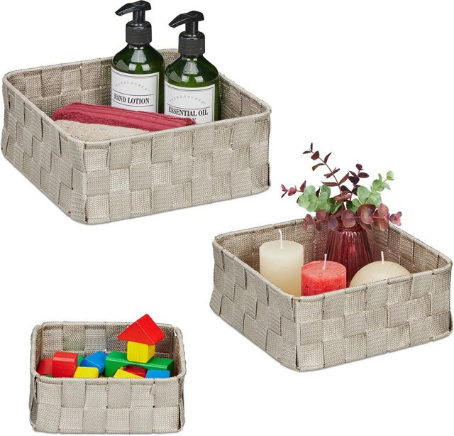 Relaxdays Aufbewahrungskorb 3er Set aus Kunststoff und Eisen, grau, geflochten, B/T/H: 24 x 24 x 9,5 cm - Bild 1