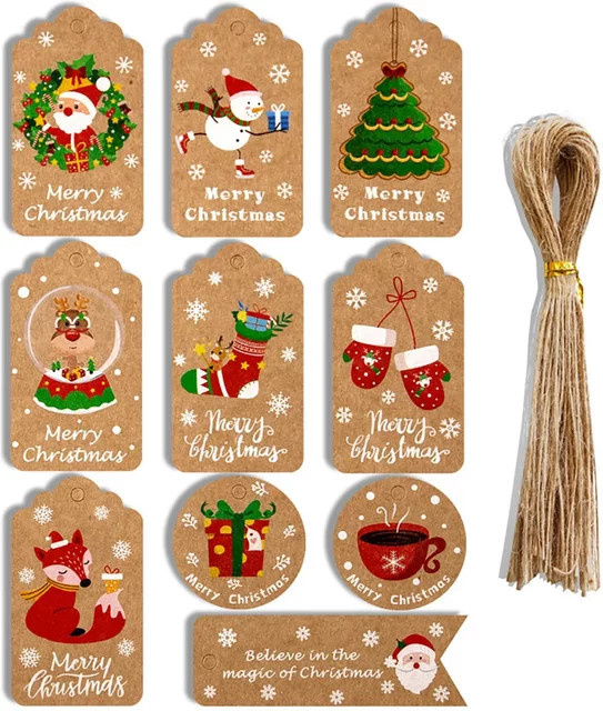 Runtow 50 Stück Weihnachts-Themenetiketten aus Papier in Mehrfarbig für Weihnachtsdekoration und Neujahrsornamente - Bild 1
