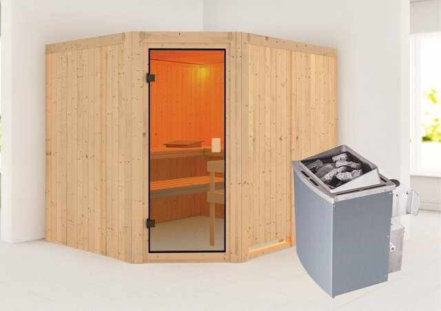 Karibu Sauna Horna aus nordischer Fichte mit 9 kW Ofen, integrierter Steuerung und bronzierter Glastür, B/T/H: 231 x 196 x 198 cm - Bild 1