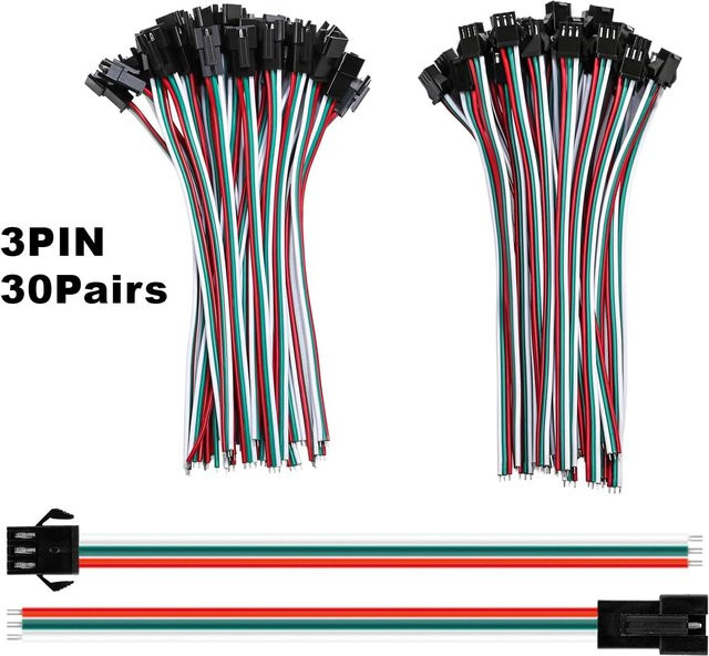AOKIN 30 Paar JST SM 3-polige Anschlüsse mit 20 AWG-Draht, 15 cm Länge, weiblich/männlich, Multicolor, LED-Stecker für WS2812B, WS2811 und WS2812 LED-Streifenlicht - Bild 1