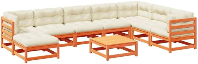 vidaXL 9-tlg. Garten-Sofagarnitur aus Kiefernholz in Wachsbraun mit Polsterkissen und Ottoman in L-Form - Bild 1