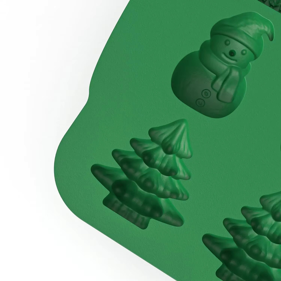Silikon Backform für Schokolade und Gummy Candy mit Weihnachtsformen wie Lebkuchenmann, Baum und Schneemann, transparent und grün - Bild 3