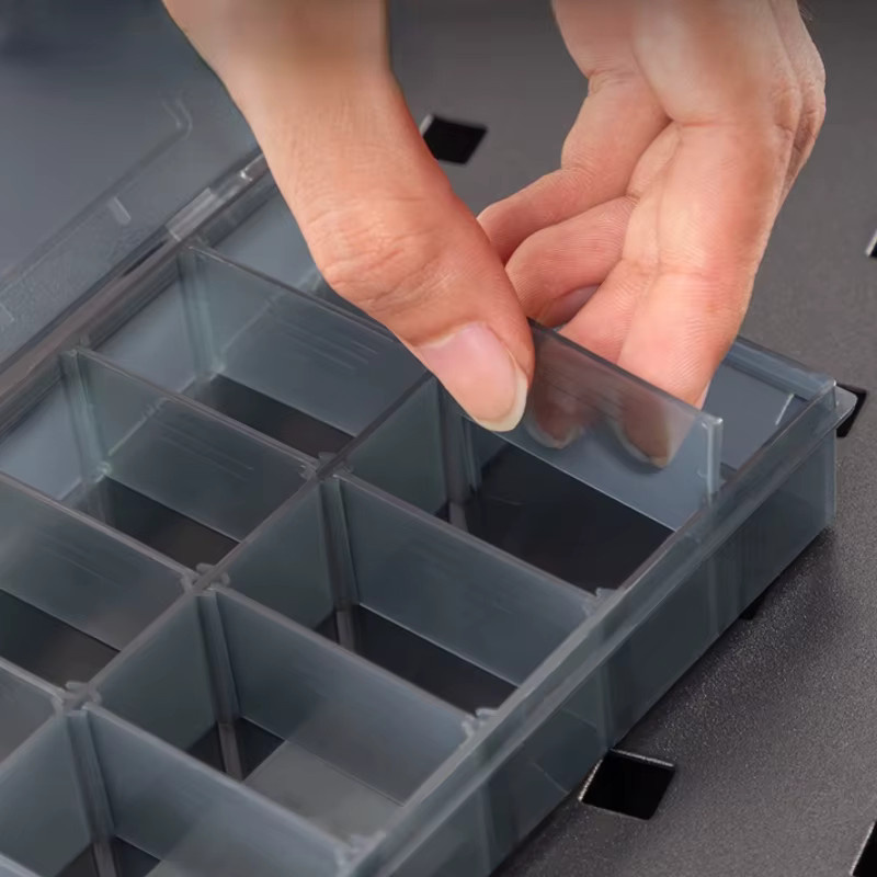 DELI Aufbewahrungsbox aus Kunststoff mit verstellbaren Schlitzen, transparenter Organizer für Werkzeug, Schrauben, Schmuck und Zubehör - Bild 2