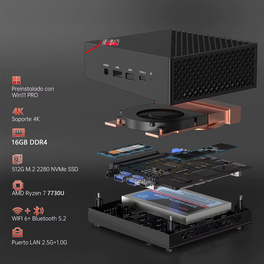 KAMRUI Mini-PC mit AMD Ryzen 7 7730U, 16GB DDR4, 512GB SSD, WiFi6, 4K-Display, Windows 11 Pro, Schwarz - Bild 2