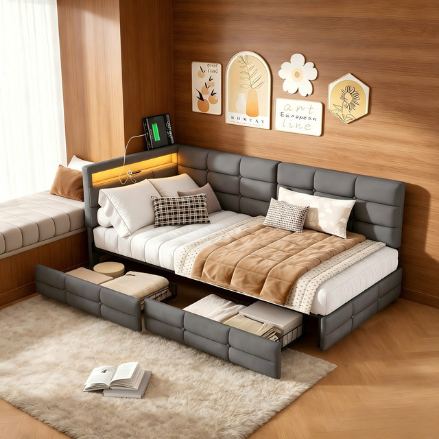 FANGANGE L-förmiges Polsterbett aus Leinen mit LED-Streifen und Stauraum, B/T: 90 x 200 cm, Beige & Grau - Bild 1