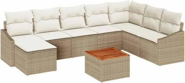 vidaXL Garten-Sofa-Set aus Poly-Rattan und Akazienholz in Beige, 9-teiliges L-Shape Lounge-Set mit Kissen und Tisch - Bild 1