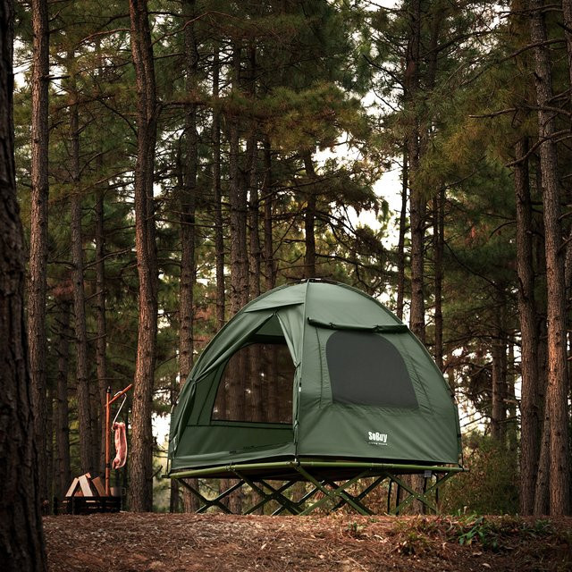 SoBuy 3in1 Campingzelt für 2 Personen mit Lampenhaken und Schuhaufbewahrungstaschen in Grün und Grau, H x B x T: 145 x 193 x 188 cm - Bild 1