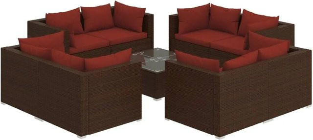 vidaXL 9-tlg Garten-Lounge-Set in L-Form mit Kissen und Couchtisch, Poly Rattan in Braun und Rot mit Metallgestell - Bild 1