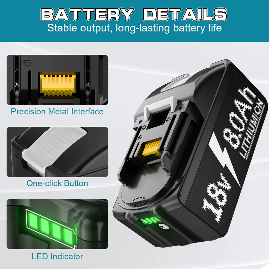 Turpow Ersatz Akku 18V 8000mAh für Makita BL1830 BL1860 BL1850 BL1840B inklusive 6A Ladegerät in Schwarz - Bild 4