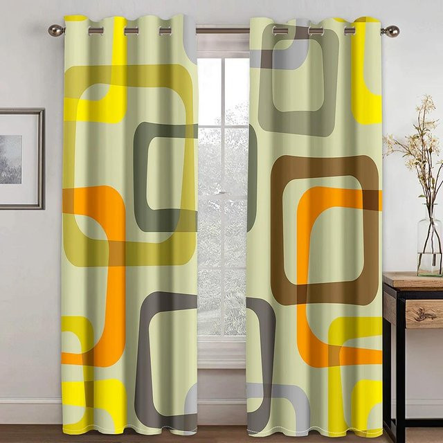 Yiran Furniture Vorhänge mit abstraktem geometrischem Spiralmuster in Gelb und Grau, 2er-Set, halbtransparent, Breite: 175 cm, Höhe: 220 cm - Bild 1