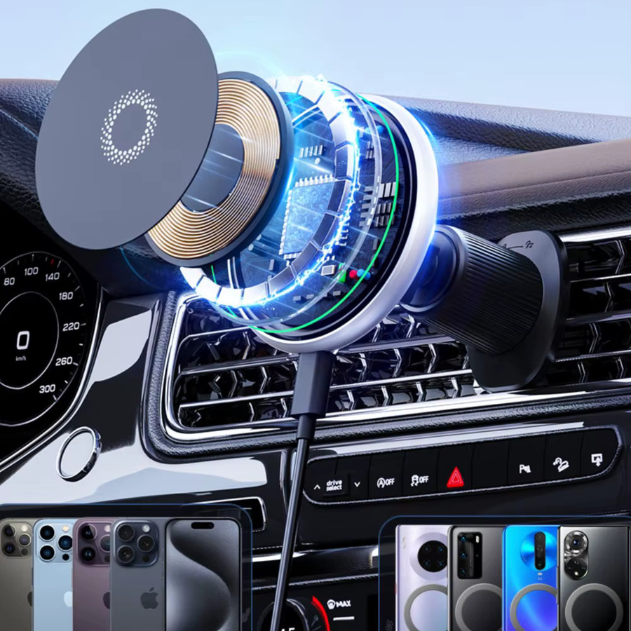 Magnetischer MagSafe Autotelefonhalter für Mercedes-Benz C-Klasse W205 in Schwarz mit kabellosem Ladeständer - Bild 1