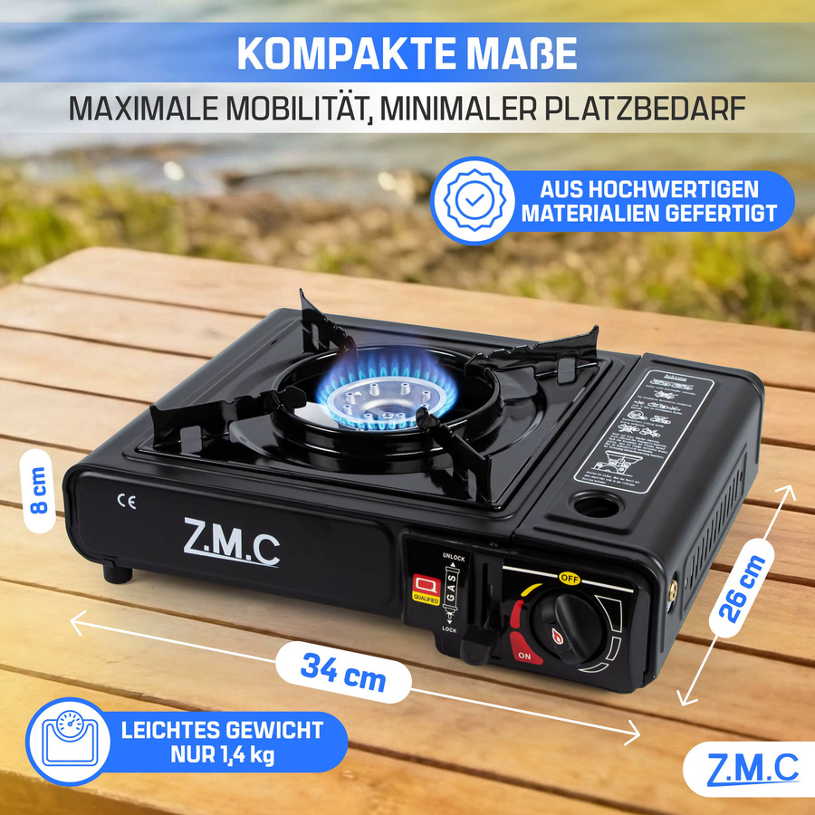 ZMC 1-flammiger Campinggaskocher in Schwarz mit 24 Butan Gaskartuschen à 227g, LPG-Adapter und Aufbewahrungskoffer, 2,2 kW mit Piezozündung für Outdoor und Innenraum - Bild 8