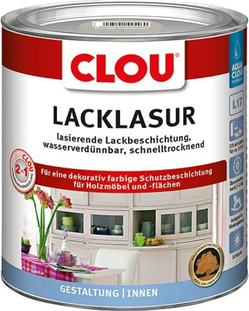 Clou Aqua Lack-Lasur für Holz, halbtransparent, Hellgrau, 375 ml - Bild 1