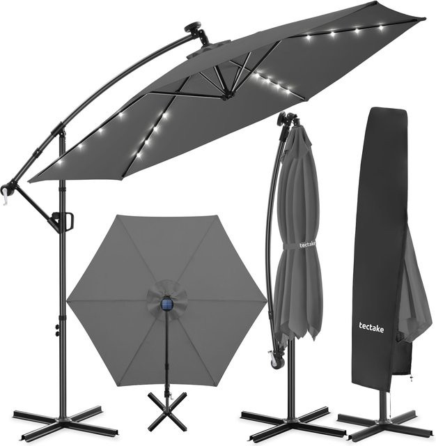 tectake Ampelschirm Grau mit LED Solar-Beleuchtung, 360 Grad drehbar, Kurbelmechanismus, inkl. Schutzhülle, B/T/H: 300 x 300 x 300 cm - Bild 1