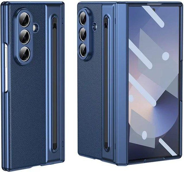 szHAIyu Leder-Handyhülle für Samsung Galaxy Z Fold 8 Ultra Z Fold 8 7 6 5 4 3 mit S Pen Halterung, Scharnierschutz und integriertem Bildschirm Schutz in Blau - Bild 1