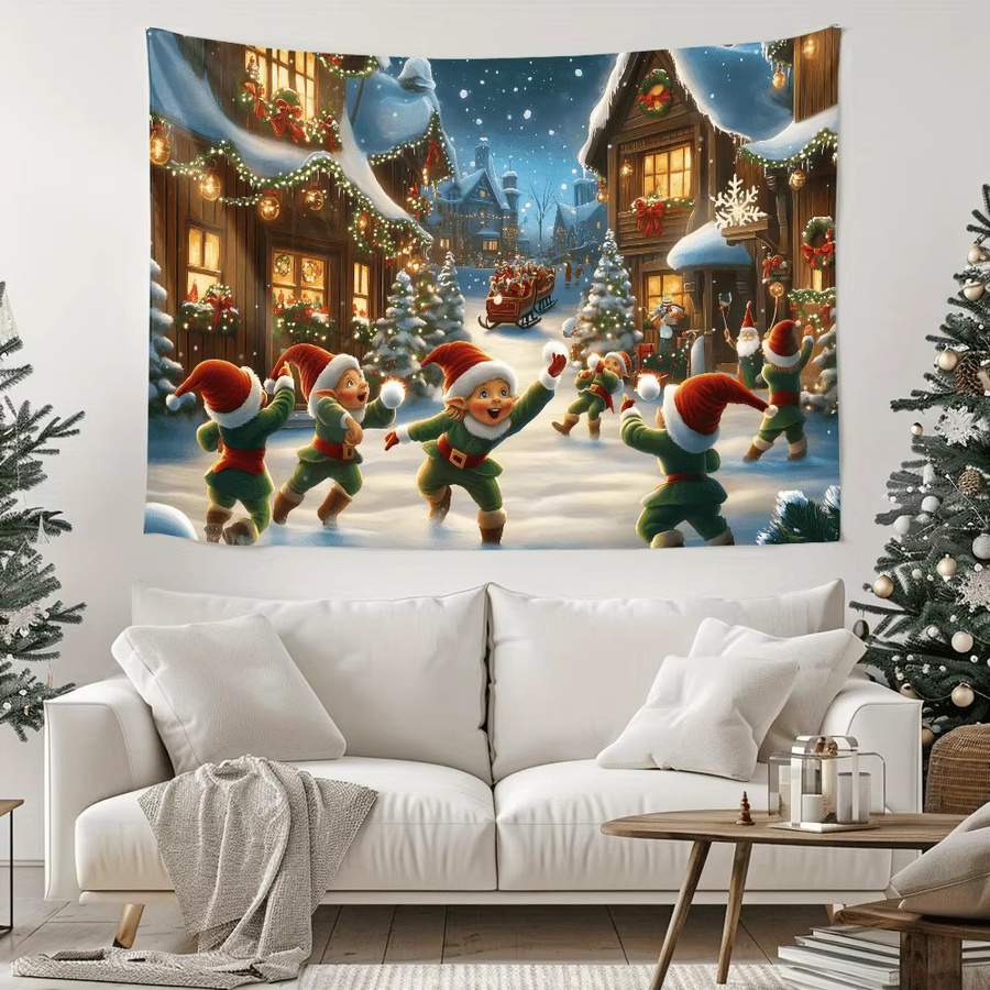 VIKAMA Weihnachts-Wandteppich mit Elfen-Schneeszene Design in Multicolour zur Wanddekoration für Weihnachten und Silvester - Bild 3