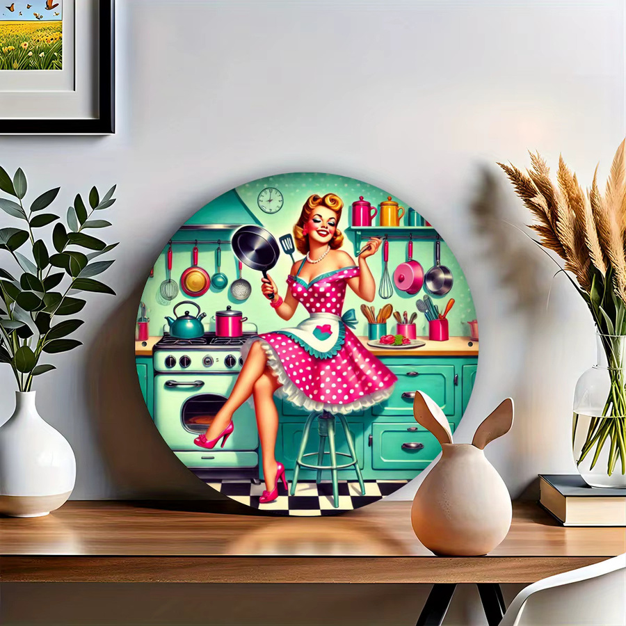 Potdemiel Vintage Küchenszene Metallschild rund, Wandkunst im Retro-Stil, Mehrfarbig, Durchmesser: 19,81 cm - Bild 2