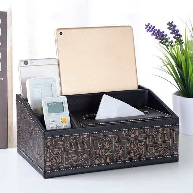 Multifunktionale Taschentuchbox und Aufbewahrungsbox aus Leder mit Schublade von YTO Home 1, Schwarz, B/T/H: 26,5 x 16,5 x 12,0 cm - Bild 1