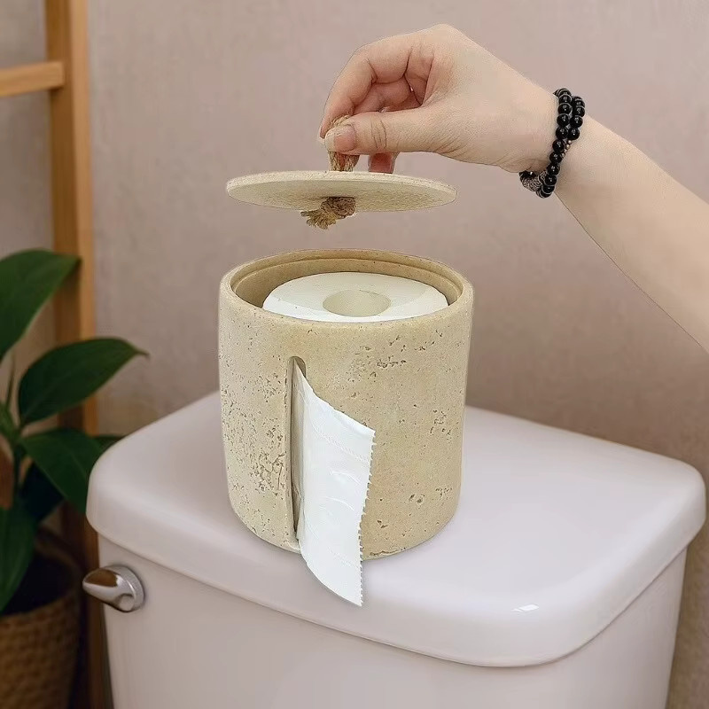 Elegante Toilettenpapier-Box und Taschentuch-Etui als freistehender Organizer für Badezimmer und Küche in Weiß und Beige - Bild 3