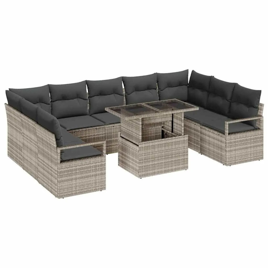 vidaXL Garten-Sofa-Set aus Poly-Rattan in Hellgrau, 10-teiliges Lounge-Set mit Kissen in U-Form - Bild 2