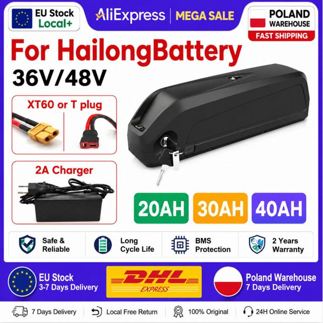Hailong E-Bike Akku 48V 20Ah mit 30A BMS und Ladegerät, schwarze Lithium-Batterie für 250W-750W E-Bike-Motoren - Bild 1